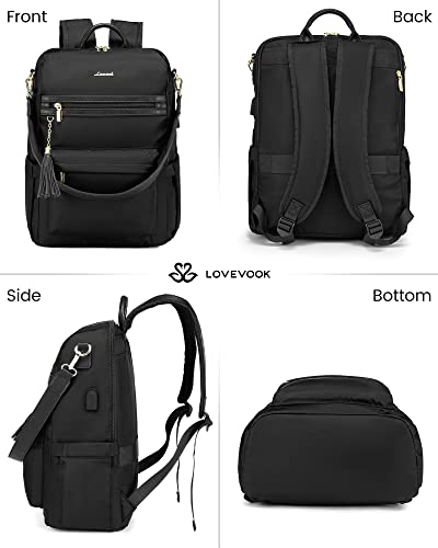 LOVEVOOK Laptop Backpack Women,17.3 Inch Convertible Backpack Purse for Women with USB Port,Fashion Teacher Nurse Bag Work Backpack with Cute Wristlet Bag for Travel College Commute,2 PCS,Black