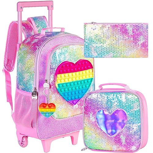 CCJPX 3PCS Kids Rolling Backpack for Girls, Unicorn Roller Wheeled Bookbag Toddler Elementary School Bag with Wheels Pink