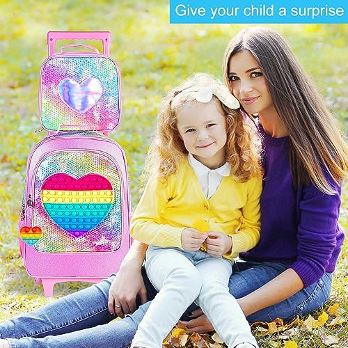 CCJPX 3PCS Kids Rolling Backpack for Girls, Unicorn Roller Wheeled Bookbag Toddler Elementary School Bag with Wheels Pink