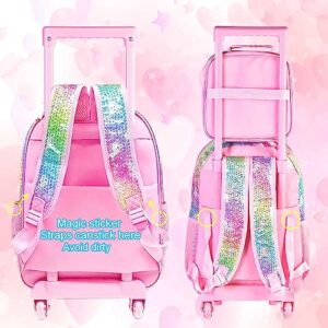 CCJPX 3PCS Kids Rolling Backpack for Girls, Unicorn Roller Wheeled Bookbag Toddler Elementary School Bag with Wheels Pink