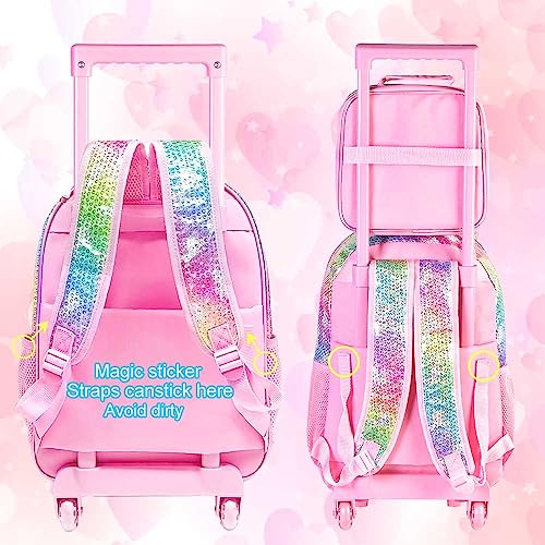 CCJPX 3PCS Kids Rolling Backpack for Girls, Unicorn Roller Wheeled Bookbag Toddler Elementary School Bag with Wheels Pink