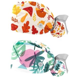 scrub cap women, 2 packs lovely acorn & leaves bouffant hat with ponytail pouch, cotton working hat sweatband