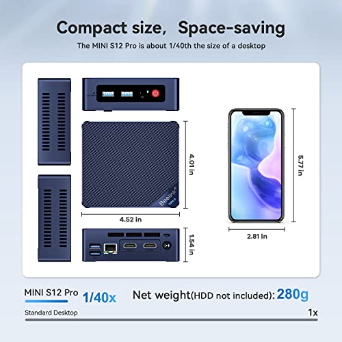 Beelink Mini PC, Mini S12 Pro Intel 12th N100(4C/4T, Up to 3.4GHz), 16GB DDR4 500GB M.2 SSD, Mini Desktop Computer Support 4K@60HZ Dual HDMI Display/WiFi6/BT5.2/USB3.2/1000Mbps/LAN/WOL Micro PC