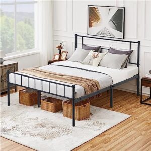 queen bed frame, metal bed frame queen size with 12 inch under-bed storage & strong metal slats support, black queen bed frame with headboard and footboard, no box spring needed & anti-slip, black