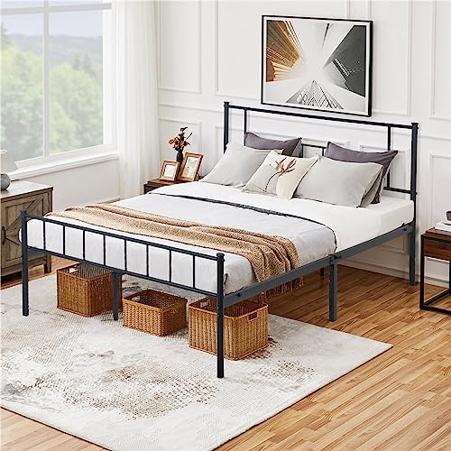 Queen Bed Frame, Metal Bed Frame Queen Size with 12 Inch Under-Bed Storage & Strong Metal Slats Support, Black Queen Bed Frame with Headboard and Footboard, No Box Spring Needed & Anti-Slip, Black