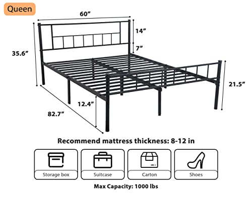 Queen Bed Frame, Metal Bed Frame Queen Size with 12 Inch Under-Bed Storage & Strong Metal Slats Support, Black Queen Bed Frame with Headboard and Footboard, No Box Spring Needed & Anti-Slip, Black