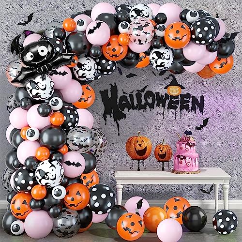 Halloween Balloon Arch Garland Kit,133pcs Halloween Balloons with Pink Black Orange Balloon Arch Kit with Bat Balloons for Halloween Party Decoration…