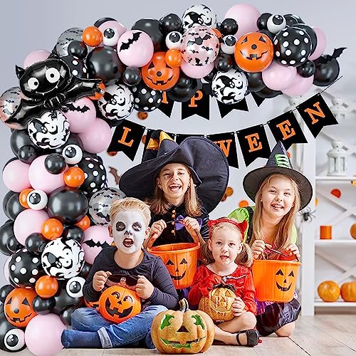 Halloween Balloon Arch Garland Kit,133pcs Halloween Balloons with Pink Black Orange Balloon Arch Kit with Bat Balloons for Halloween Party Decoration…