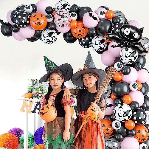 Halloween Balloon Arch Garland Kit,133pcs Halloween Balloons with Pink Black Orange Balloon Arch Kit with Bat Balloons for Halloween Party Decoration…