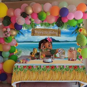 Summer Beach Baby Moana Backdrop and Tablecloth 86x52 inch Maui Palm Leaves Flowers Cake Table Decoration Girls Princess Moana Birthday Photo Background Baby Shower Party Supplies (7x5ft)