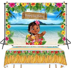 summer beach baby moana backdrop and tablecloth 86x52 inch maui palm leaves flowers cake table decoration girls princess moana birthday photo background baby shower party supplies (7x5ft)