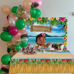 Summer Beach Baby Moana Backdrop and Tablecloth 86x52 inch Maui Palm Leaves Flowers Cake Table Decoration Girls Princess Moana Birthday Photo Background Baby Shower Party Supplies (7x5ft)