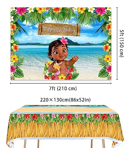 Summer Beach Baby Moana Backdrop and Tablecloth 86x52 inch Maui Palm Leaves Flowers Cake Table Decoration Girls Princess Moana Birthday Photo Background Baby Shower Party Supplies (7x5ft)