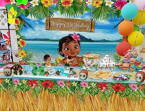 Summer Beach Baby Moana Backdrop and Tablecloth 86x52 inch Maui Palm Leaves Flowers Cake Table Decoration Girls Princess Moana Birthday Photo Background Baby Shower Party Supplies (7x5ft)