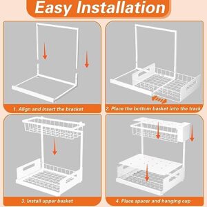 SPACEKEEPER Under Sink Organizer, 2-Tier Sliding Under Bathroom Sink Storage Pull Out Cabinet Organizer Metal Material Multi-purpose for Kitchen Bathroom, White, 2 Pack