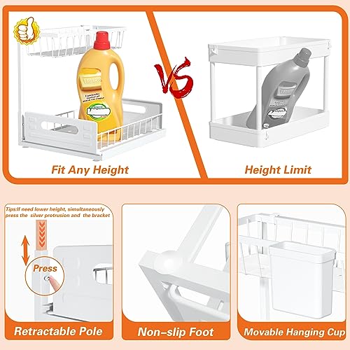 SPACEKEEPER Under Sink Organizer, 2-Tier Sliding Under Bathroom Sink Storage Pull Out Cabinet Organizer Metal Material Multi-purpose for Kitchen Bathroom, White, 2 Pack