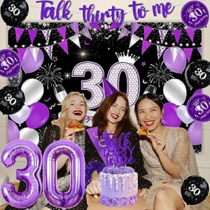 Balterever Talk Thirty to Me Birthday Decorations 30th Birthday Decorations Purple for Women with Talk Thirty to Me Banner Cake Topper 30th Birthday Backdrop 30& Fabulous Sash For Funny 30th Birthday