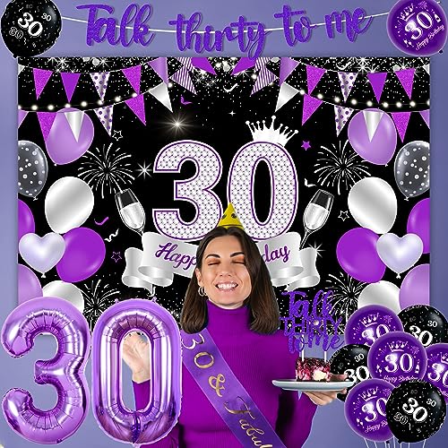 Balterever Talk Thirty to Me Birthday Decorations 30th Birthday Decorations Purple for Women with Talk Thirty to Me Banner Cake Topper 30th Birthday Backdrop 30& Fabulous Sash For Funny 30th Birthday