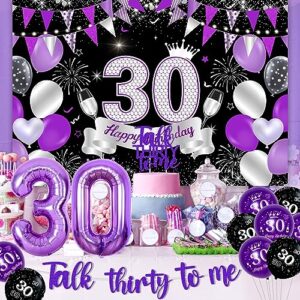 Balterever Talk Thirty to Me Birthday Decorations 30th Birthday Decorations Purple for Women with Talk Thirty to Me Banner Cake Topper 30th Birthday Backdrop 30& Fabulous Sash For Funny 30th Birthday