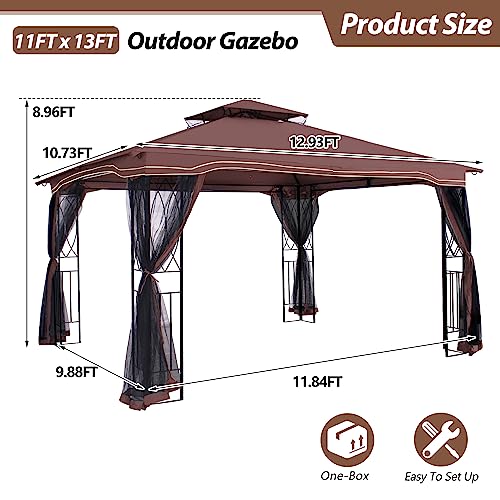 GARTOO 11'x13' Outdoor Patio Gazebo - Porch Gazebo with Polyester Roof & Breathable Netting, Best for Garden, Lawn, Backyard Deck (Chocolate)