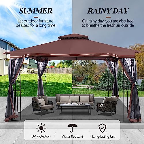 GARTOO 11'x13' Outdoor Patio Gazebo - Porch Gazebo with Polyester Roof & Breathable Netting, Best for Garden, Lawn, Backyard Deck (Chocolate)