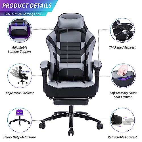 Fantasylab Big and Tall Gaming Chair 400lb Gaming Chair with Footrest Massage Gaming Chair Memory Foam Adjustable Tilt Back Angle and Arm High