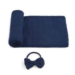 muslin swaddle blanket with bow headband, 100% bamboo viscose solid dark blue unisex swaddle wrap, soft silky muslin swaddle blankets neutral receiving blanket for newborn, large 47'' x47''