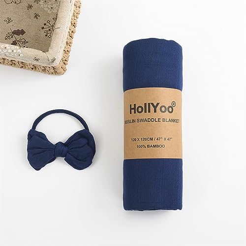 Muslin Swaddle Blanket with Bow Headband, 100% Bamboo Viscose Solid Dark Blue Unisex Swaddle Wrap, Soft Silky Muslin Swaddle Blankets Neutral Receiving Blanket for Newborn, Large 47'' X47''