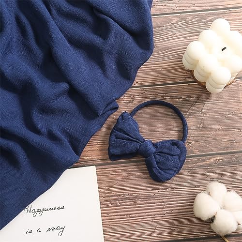 Muslin Swaddle Blanket with Bow Headband, 100% Bamboo Viscose Solid Dark Blue Unisex Swaddle Wrap, Soft Silky Muslin Swaddle Blankets Neutral Receiving Blanket for Newborn, Large 47'' X47''