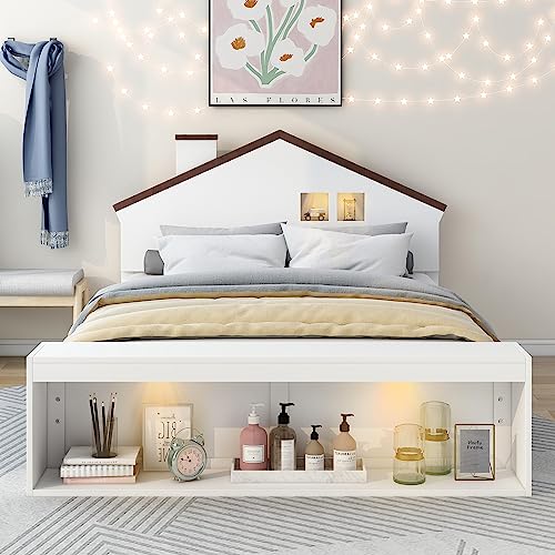 Harper & Bright Designs Full Bed Frames with House-Shaped Headboard, Wooden Kids Full Platform Bed Frame with LED Lights and Storage, Cute Single Full Led Bed for Girls Boys, White