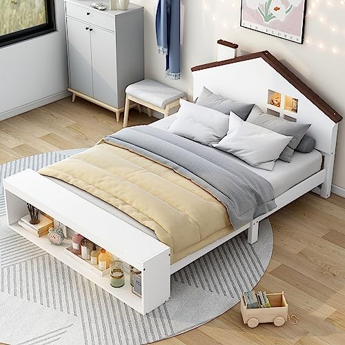 Harper & Bright Designs Full Bed Frames with House-Shaped Headboard, Wooden Kids Full Platform Bed Frame with LED Lights and Storage, Cute Single Full Led Bed for Girls Boys, White