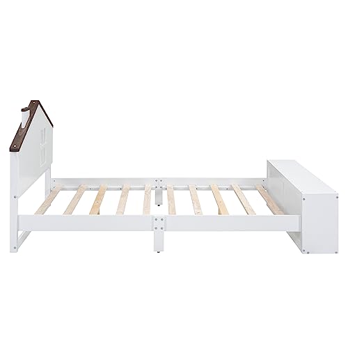 Harper & Bright Designs Full Bed Frames with House-Shaped Headboard, Wooden Kids Full Platform Bed Frame with LED Lights and Storage, Cute Single Full Led Bed for Girls Boys, White