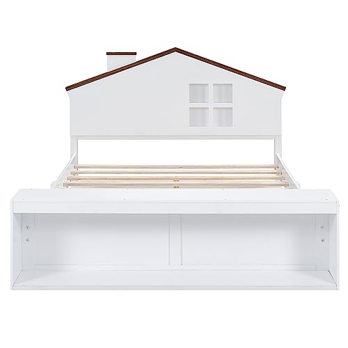 Harper & Bright Designs Full Bed Frames with House-Shaped Headboard, Wooden Kids Full Platform Bed Frame with LED Lights and Storage, Cute Single Full Led Bed for Girls Boys, White