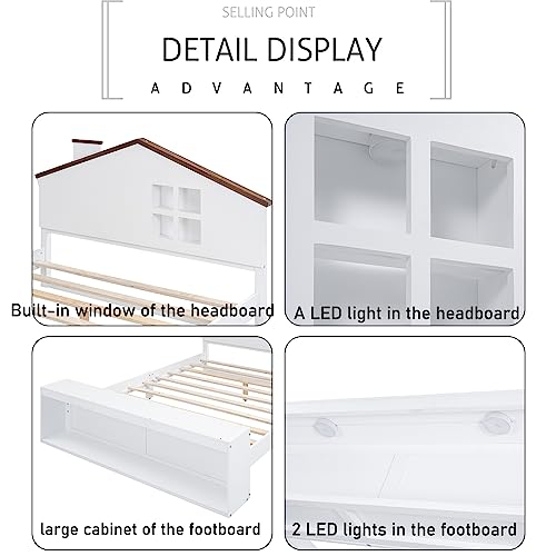 Harper & Bright Designs Full Bed Frames with House-Shaped Headboard, Wooden Kids Full Platform Bed Frame with LED Lights and Storage, Cute Single Full Led Bed for Girls Boys, White