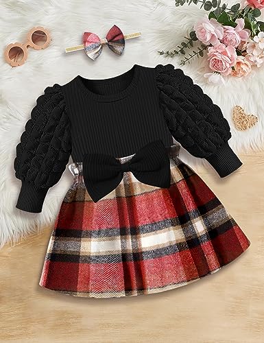 Qaoerde Baby Girl Dresses 3-6 Months Baby Girl Dress Puff Sleeve Red Plaid Dress Ribbed Baby Girls' Dresses Baby Dresses 3-6 Months Baby Girl Fall Dress Baby Girl Winter Dress Christmas Outfit