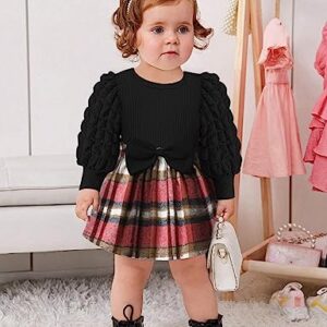 Qaoerde Baby Girl Dresses 3-6 Months Baby Girl Dress Puff Sleeve Red Plaid Dress Ribbed Baby Girls' Dresses Baby Dresses 3-6 Months Baby Girl Fall Dress Baby Girl Winter Dress Christmas Outfit