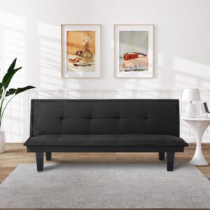 koihome futon sleeper sofa with adjustable back, modern twin size chaise with brown legs, 2-seater couch, contemporary home furniture for living room,bedroom,office,waiting room, faux suede, black