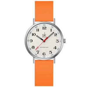 shengke sk ultra thin fashion sport sweatproof women watch ladies watch with easy read dial and colorful silicone band (silver-orange)