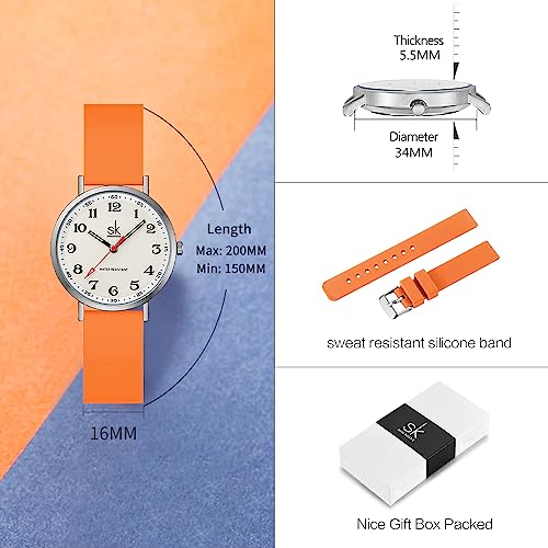 SHENGKE SK Ultra Thin Fashion Sport Sweatproof Women Watch Ladies Watch with Easy Read Dial and Colorful Silicone Band (Silver-Orange)