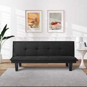 KoiHome Futon Sleeper Sofa with Adjustable Back, Modern Twin Size Chaise with Brown Legs, 2-Seater Couch, Contemporary Home Furniture for Living Room,Bedroom,Office,Waiting Room, Faux Suede, Black