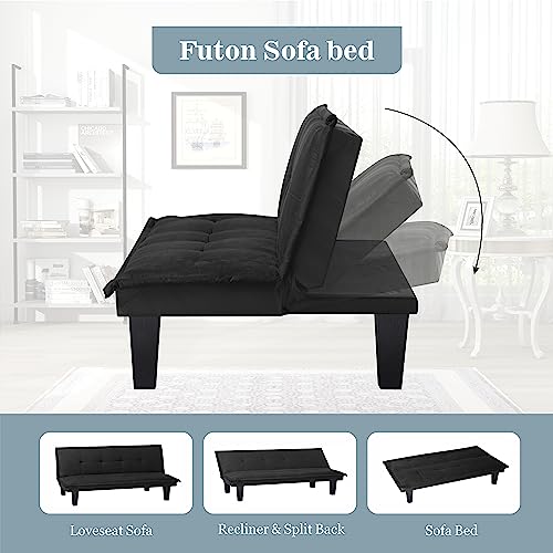KoiHome Futon Sleeper Sofa with Adjustable Back, Modern Twin Size Chaise with Brown Legs, 2-Seater Couch, Contemporary Home Furniture for Living Room,Bedroom,Office,Waiting Room, Faux Suede, Black
