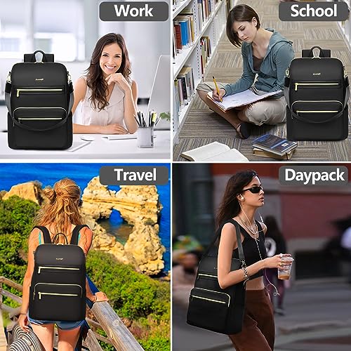 Laptop Backpack Women Travel Bag - 15.6 Inch Convertible Computer Backpack Purse for Women Fashion Nurse Work Bags Anti Theft School Shoulder Handbag Waterproof Teacher Bookbag for College Girls Black