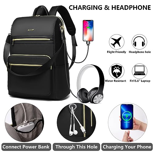 Laptop Backpack Women Travel Bag - 15.6 Inch Convertible Computer Backpack Purse for Women Fashion Nurse Work Bags Anti Theft School Shoulder Handbag Waterproof Teacher Bookbag for College Girls Black