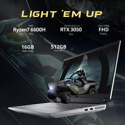 DELL G15 15.6‘’ FHD 120Hz Gaming Laptop, AMD Ryzen 5 6600H, 16GB DDR5 RAM, 512GB PCIe SSD, NVIDIA GeForce RTX 3050, Backlit Keyboard, HD Camera, Win 11 Pro, Gray