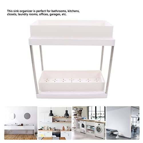 Asixxsix Under Sink Organizer, 2 Tier Under Sink Organizers and Storage, ABS Material Multi Purpose Slide Out Under Sink Storage Organizer with Hooks for Bathroom Kitchen Drawer (White)