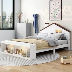 full size platform bed with house shape headboard and storage footboard for kids, solid wood kids house platform bed frame with led lights and sturdy slat support, multi-storage space (white+w)
