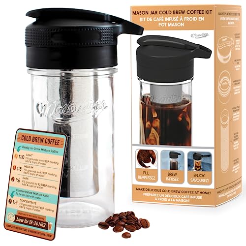 Masontops Cold Brew Makers Kit - Iced Coffee Cold Brew Coffee Maker Tea Maker - Easy Mason Jar Pour Spout & Sip Cap Coffee Accessories Coffee Cold Brew Maker 24 oz Iced Coffee Maker Cold Brew Machine