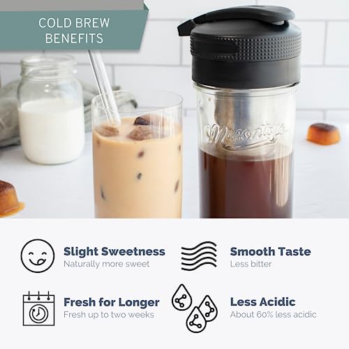 Masontops Cold Brew Makers Kit - Iced Coffee Cold Brew Coffee Maker Tea Maker - Easy Mason Jar Pour Spout & Sip Cap Coffee Accessories Coffee Cold Brew Maker 24 oz Iced Coffee Maker Cold Brew Machine