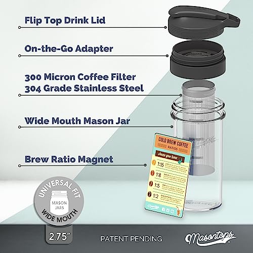 Masontops Cold Brew Makers Kit - Iced Coffee Cold Brew Coffee Maker Tea Maker - Easy Mason Jar Pour Spout & Sip Cap Coffee Accessories Coffee Cold Brew Maker 24 oz Iced Coffee Maker Cold Brew Machine