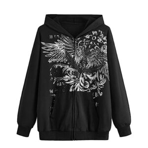 tsultryofs women y2k grunge zip up hoodies e-girl long sleeve hooded sweatshirt 90s gothic aesthetic punk jacket streetwear (black, xl)